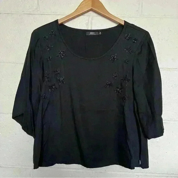 Obey Black Beaded Medium 3/4 Sleeve Top - Picture 1 of 6